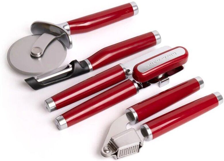 KitchenAid 4pc Empire Red Kitchen Utensil Set with Multi-Function Can Opener, Pizza Wheel, Garlic Press & Euro Peeler