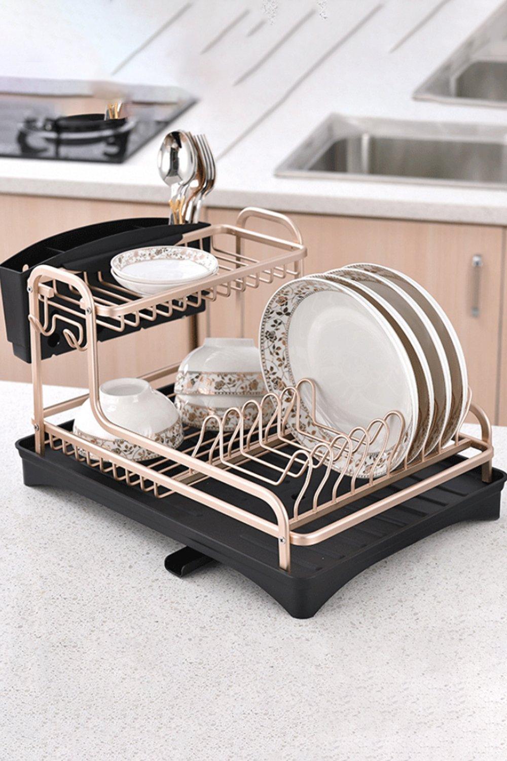 Living and Home 2 Tier Dish Drainer Rack Storage Drying Organization Shelf with Removable Drip Tray Kitchen