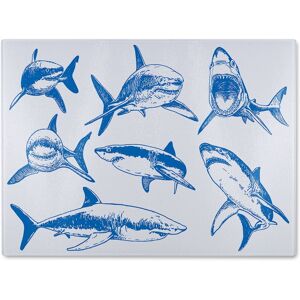 Benjamin Tate Design Graphical of blue sharks isolated on white background Designer Glass Chopping Board in Natural Natural Benjamin Tate Design Graphical of blue sharks isolated on white background Designer Glass Chopping Board in Natural Natural