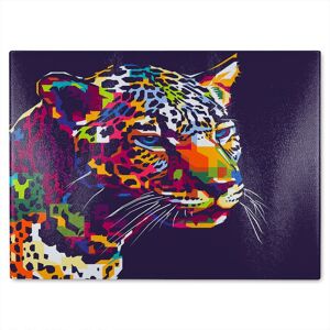 Benjamin Tate Design leopard face with pop art style Designer Glass Chopping Board in Natural Natural Benjamin Tate Design leopard face with pop art style Designer Glass Chopping Board in Natural Natural