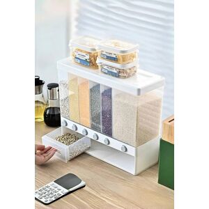 H&O Direct 6 Grids Grain Dry Food Dispenser Kitchen Storage Box with Measuring Cup in White White H&O Direct 6 Grids Grain Dry Food Dispenser Kitchen Storage Box with Measuring Cup in White White