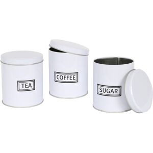 Harbour Housewares 3pc Tea Coffee Sugar Canisters Set - Round Metal Kitchen Storage Canister Tin in White White Harbour Housewares 3pc Tea Coffee Sugar Canisters Set - Round Metal Kitchen Storage Canister Tin in White White