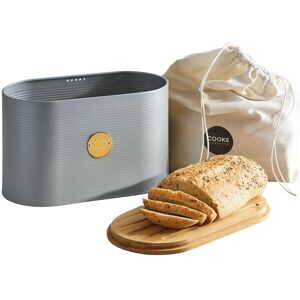 Cooks Professional Ribbed Bread Bin with Linen Bag, Bamboo Cutting Board Lid & Gold Label in Grey Grey Cooks Professional Ribbed Bread Bin with Linen Bag, Bamboo Cutting Board Lid & Gold Label in Grey Grey