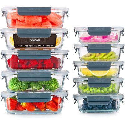 VonShef 10 Piece Meal Prep Food Lunch Boxes 1L & 370ml Glass Containers with Lids in Clear Clear VonShef 10 Piece Meal Prep Food Lunch Boxes 1L & 370ml Glass Containers with Lids in Clear Clear