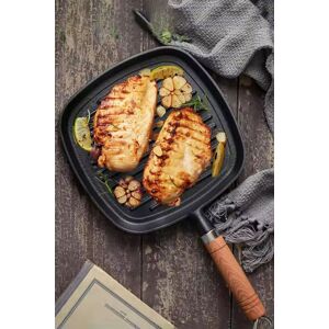 Living and Home Square Cast Iron Griddle Pan Frying Cookware Grill Pan with Wood Handle 22cm in Black Black Living and Home Square Cast Iron Griddle Pan Frying Cookware Grill Pan with Wood Handle 22cm in Black Black