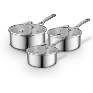 Sur La Table Ply 3 Piece Saucepan Set w/ Tempered Glass Lids, Satin Interior Finish, 16cm/18cm/20cm Saucepans, Induction Compatible, Stainless Steel Grey Sur La Table Ply 3 Piece Saucepan Set w/ Tempered Glass Lids, Satin Interior Finish, 16cm/18cm/20cm Saucepans, Induction Compatible, Stainless Steel Grey