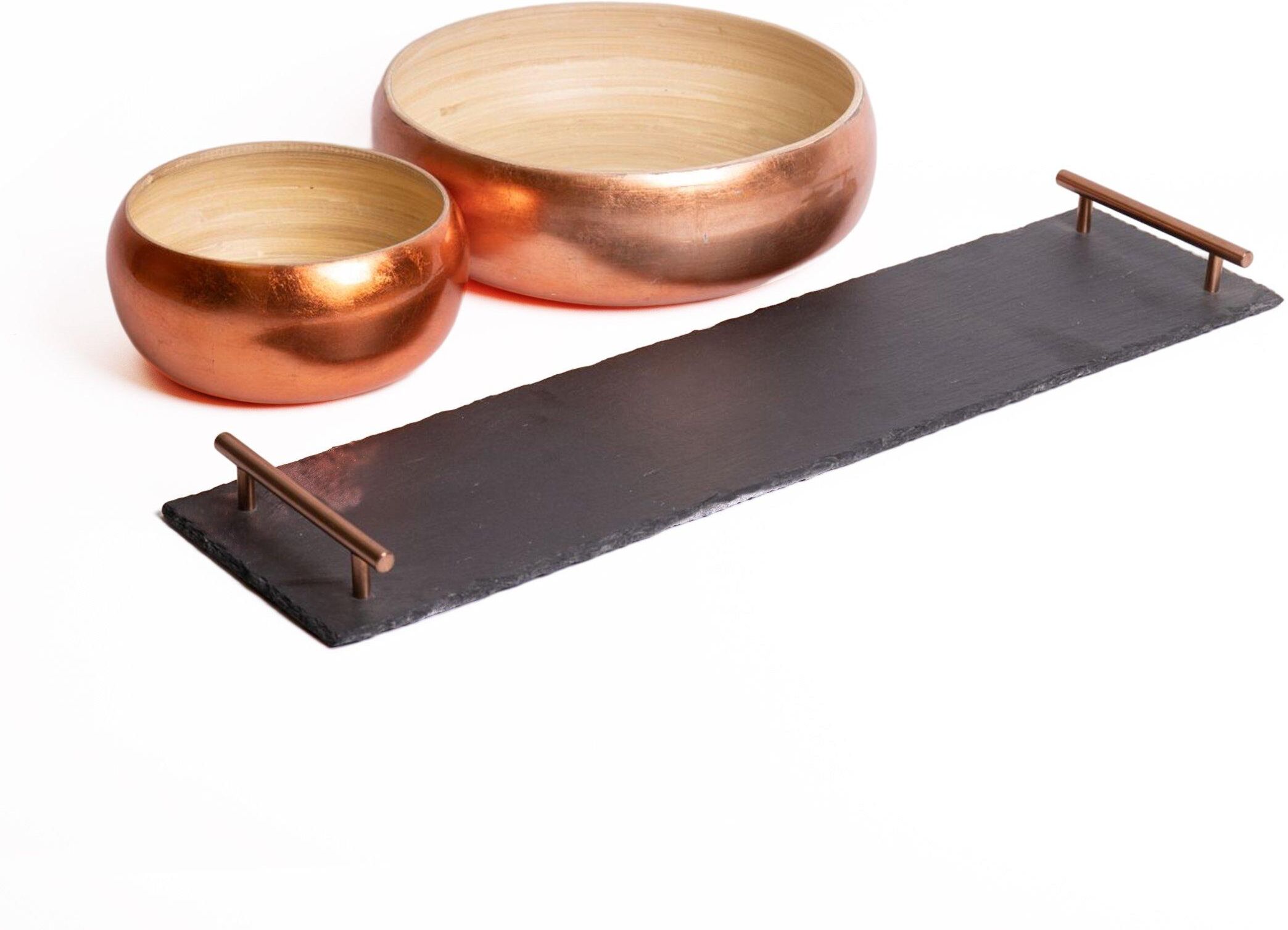 Artesa Serveware Set with Medium and Large Bamboo Serving Bowls and Slate Serving Platter with Copper Handles