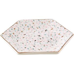 Orsina Terrazzo Patterned Small Ceramic Dish, Compact Butter Dish With Gold Rim, Geometric White Plate, Glazed Dish White Orsina Terrazzo Patterned Small Ceramic Dish, Compact Butter Dish With Gold Rim, Geometric White Plate, Glazed Dish White