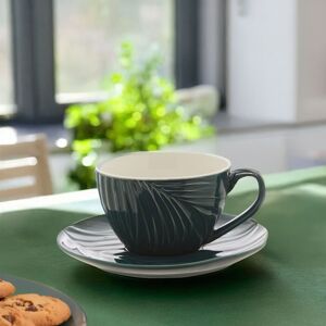 Orsina Dark Green Cup & Saucer With Botanical Embossed Detailing, 2-Piece Set For Tea, Saucer & Cup With Tapered Base Green Orsina Dark Green Cup & Saucer With Botanical Embossed Detailing, 2-Piece Set For Tea, Saucer & Cup With Tapered Base Green