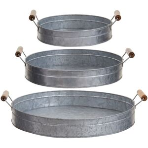 Orsina Set of 3 Galvanised Steel Trays, Round Metal Serving Tray Set With Wooden Handles, Stainless Platter in Silver Silver Orsina Set of 3 Galvanised Steel Trays, Round Metal Serving Tray Set With Wooden Handles, Stainless Platter in Silver Silver