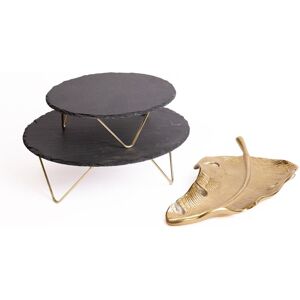 Artesa 2pc Serve Set with 2-Tiered Slate Serving Stand & Cast Aluminium Gold Leaf Plate in Black Black Artesa 2pc Serve Set with 2-Tiered Slate Serving Stand & Cast Aluminium Gold Leaf Plate in Black Black