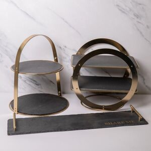 Artesa 3-Piece Serveware Set Brass Cake Stand Geometric Stand & Slate Platter in Black Black Artesa 3-Piece Serveware Set Brass Cake Stand Geometric Stand & Slate Platter in Black Black