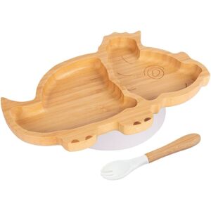 Tiny Dining Bamboo Weaning Plate & Fork - Dinosaur - Divided Toddler Dining Set in White White Tiny Dining Bamboo Weaning Plate & Fork - Dinosaur - Divided Toddler Dining Set in White White