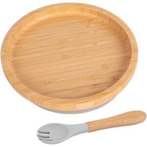 Tiny Dining Bamboo Round Baby Weaning Plate & Fork Set in Grey Grey Tiny Dining Bamboo Round Baby Weaning Plate & Fork Set in Grey Grey