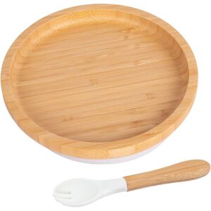 Tiny Dining Bamboo Round Baby Weaning Plate & Fork Set in White White Tiny Dining Bamboo Round Baby Weaning Plate & Fork Set in White White