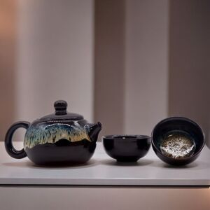 KDMD Herbal Black Glaze Teapot Set - Pot & Two Cups Black KDMD Herbal Black Glaze Teapot Set - Pot & Two Cups Black