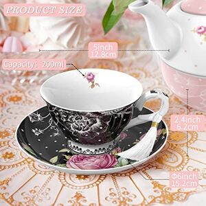 London Boutique Tea Cup & Saucer Set 1 Afternoon Tea Set New Bone China Vintage Flora Gift Box 200m (Black) in Black Black London Boutique Tea Cup & Saucer Set 1 Afternoon Tea Set New Bone China Vintage Flora Gift Box 200m (Black) in Black Black