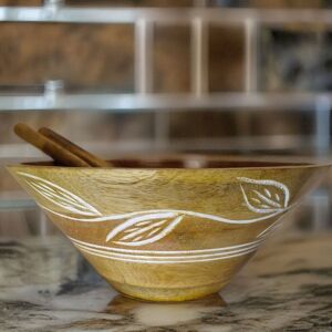 Hartsmede Hand Carved Serving Bowl With Spoons - Leaf Design in Natural Natural Hartsmede Hand Carved Serving Bowl With Spoons - Leaf Design in Natural Natural