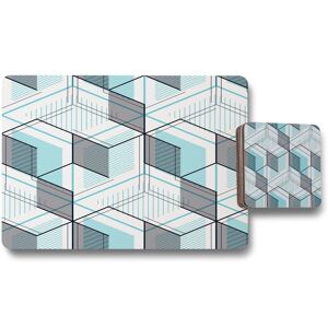 Benjamin Tate Design blue geometric hexagons placemat coaster set in Natural Natural Benjamin Tate Design blue geometric hexagons placemat coaster set in Natural Natural