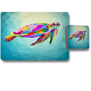 Benjamin Tate Design colorful turtle floating underwater in the geometric blue water ocean placemat coaster set in Natural Natural Benjamin Tate Design colorful turtle floating underwater in the geometric blue water ocean placemat coaster set in Natural Natural