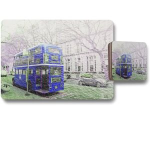 Benjamin Tate Design london bus behind blue placemat coaster set in Natural Natural Benjamin Tate Design london bus behind blue placemat coaster set in Natural Natural