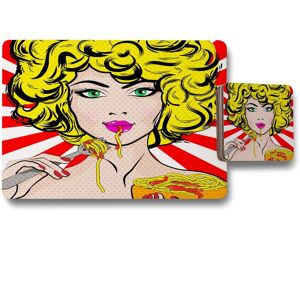 Benjamin Tate Design pop art young woman eating spaghetti placemat coaster set in Natural Natural Benjamin Tate Design pop art young woman eating spaghetti placemat coaster set in Natural Natural