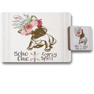 Benjamin Tate Design portrait of french bulldog puppy placemat coaster set in Natural Natural Benjamin Tate Design portrait of french bulldog puppy placemat coaster set in Natural Natural