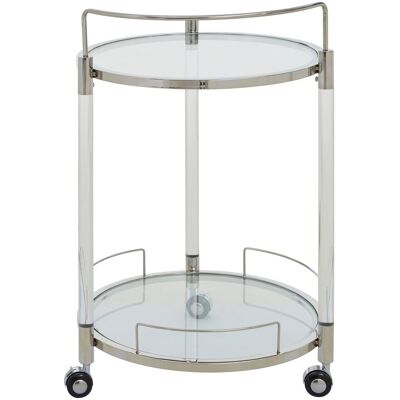 Orsina Round Drinks Trolley, Chrome Finish Stainless Steel Frame With Acrylic Supports, Two-Tier Glass Shelves in Silver Silver Orsina Round Drinks Trolley, Chrome Finish Stainless Steel Frame With Acrylic Supports, Two-Tier Glass Shelves in Silver Silver