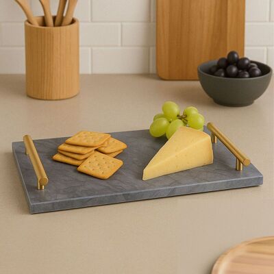 Orsina Black Marble Serving Board With Gold Handles, Durable Natural Stone Tray For Kitchen Use Black Orsina Black Marble Serving Board With Gold Handles, Durable Natural Stone Tray For Kitchen Use Black