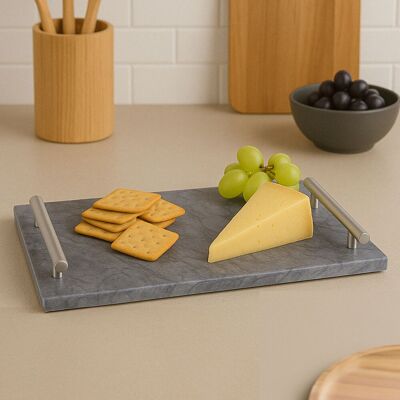 Orsina Black Marble Serving Board With Silver Handles, Durable Natural Stone Tray For Kitchen Use Black Orsina Black Marble Serving Board With Silver Handles, Durable Natural Stone Tray For Kitchen Use Black