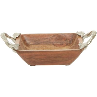 Orsina Acacia Wood Square Bowl, Artisan Wooden Fruit Tray With Leaf-Style Metal Grips, Natural Grain Display Bowl Natural Orsina Acacia Wood Square Bowl, Artisan Wooden Fruit Tray With Leaf-Style Metal Grips, Natural Grain Display Bowl Natural