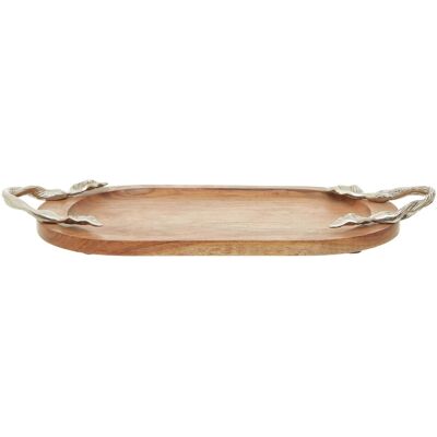 Orsina Acacia Oval Serving Tray, Wooden Food Platter, Rustic Display Board, Wooden Dish, Tray With Metal Handles in Natural Natural Orsina Acacia Oval Serving Tray, Wooden Food Platter, Rustic Display Board, Wooden Dish, Tray With Metal Handles in Natural Natural