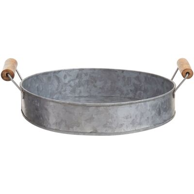 Orsina Drummond Galvanised Steel Round Tray With Wood Handles in Silver Silver Orsina Drummond Galvanised Steel Round Tray With Wood Handles in Silver Silver