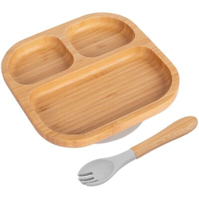 Tiny Dining Bamboo Segmented Baby Weaning Plate & Fork Set in Grey Grey Tiny Dining Bamboo Segmented Baby Weaning Plate & Fork Set in Grey Grey