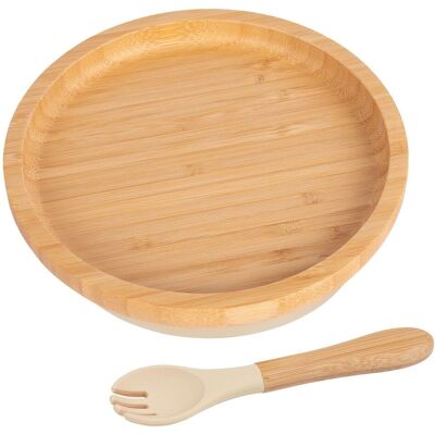 Tiny Dining Bamboo Round Baby Weaning Plate & Fork Set in Beige Beige Tiny Dining Bamboo Round Baby Weaning Plate & Fork Set in Beige Beige