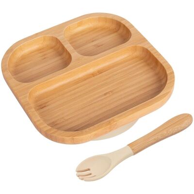 Tiny Dining Bamboo Segmented Baby Weaning Plate & Fork Set in Beige Beige Tiny Dining Bamboo Segmented Baby Weaning Plate & Fork Set in Beige Beige