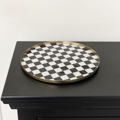 Melody Maison Black Monochrome Checked Round Tray Black Melody Maison Black Monochrome Checked Round Tray Black