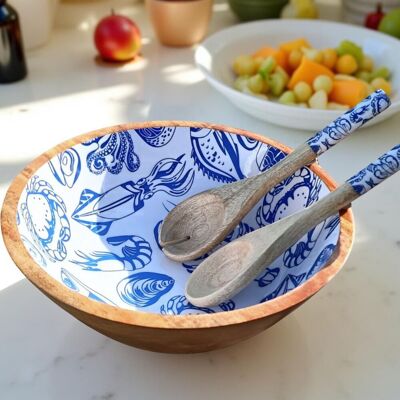 Hartsmede Ocean Medium Serving Bowl With Spoons in Blue Blue Hartsmede Ocean Medium Serving Bowl With Spoons in Blue Blue