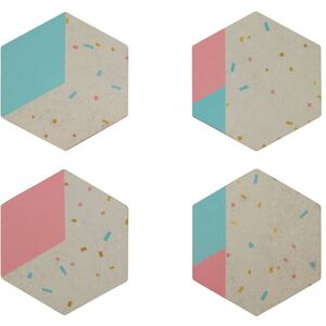 Orsina Set Of 4 Hexagonal Cork Coasters, Terrazzo Pattern Coasters with Pastel Shades, Stylish Gold Foiled Cork Multicolor Orsina Set Of 4 Hexagonal Cork Coasters, Terrazzo Pattern Coasters with Pastel Shades, Stylish Gold Foiled Cork Multicolor