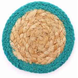 KDMD Natural Coaster - Jute & Cotton 10cm (set of 4) - Teal Boarder in Blue Blue KDMD Natural Coaster - Jute & Cotton 10cm (set of 4) - Teal Boarder in Blue Blue
