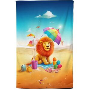 Warren Reed - Designer Lion On A Beach Holiday Tea Towel in Yellow Yellow Warren Reed - Designer Lion On A Beach Holiday Tea Towel in Yellow Yellow