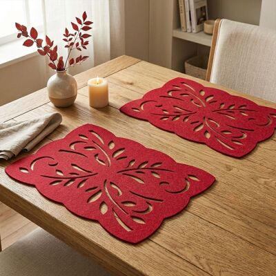 Orsina Set of Two Red Felt Leaf Design Placemats, Durable Heat-Resistant Table Mats for Dining Red Orsina Set of Two Red Felt Leaf Design Placemats, Durable Heat-Resistant Table Mats for Dining Red
