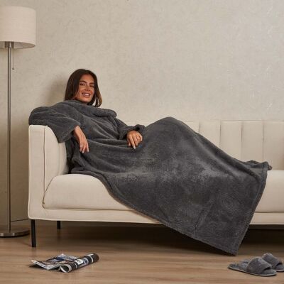 OHS Women's Teddy Fleece Blanket with Sleeves Wearable Throw in Charcoal Charcoal OHS Women's Teddy Fleece Blanket with Sleeves Wearable Throw in Charcoal Charcoal