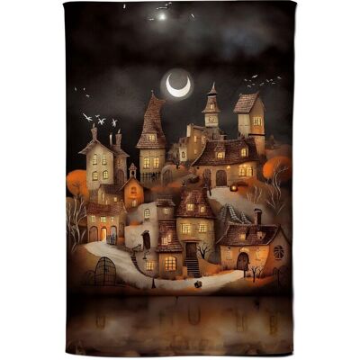 Warren Reed - Designer Spooky Halloween Village Tea Towel in Orange Orange Warren Reed - Designer Spooky Halloween Village Tea Towel in Orange Orange