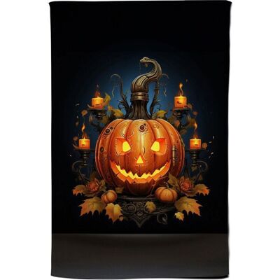 Warren Reed - Designer Spooy Pumpkin With Leaves & Small Candles Tea Towel in Orange Orange Warren Reed - Designer Spooy Pumpkin With Leaves & Small Candles Tea Towel in Orange Orange