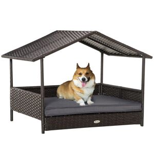PawHut Wicker Dog House, Rattan Pet Bed with Soft Cushion, Canopy, Cat House