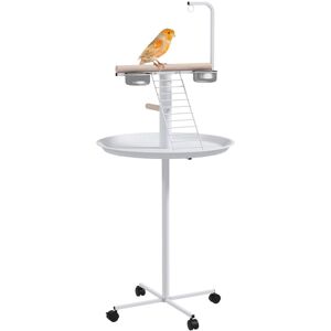 PawHut Bird Table with Four Wheels, Perches, Stainless Steel Feed Bowls, Round Tray