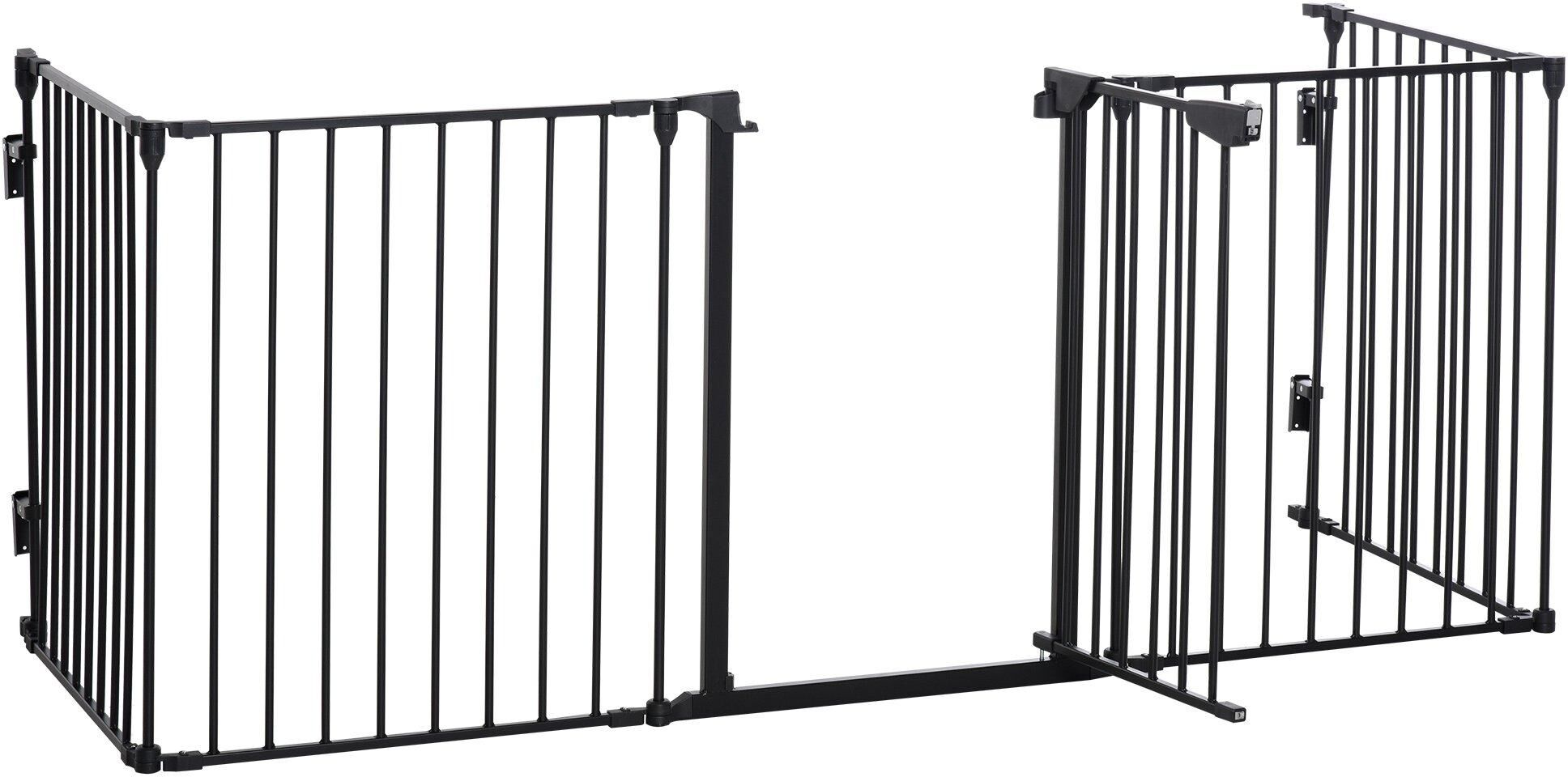 PawHut Pet Gate 5 Panels Dog Playpen Stair Barrier with Walk Through Door - Black