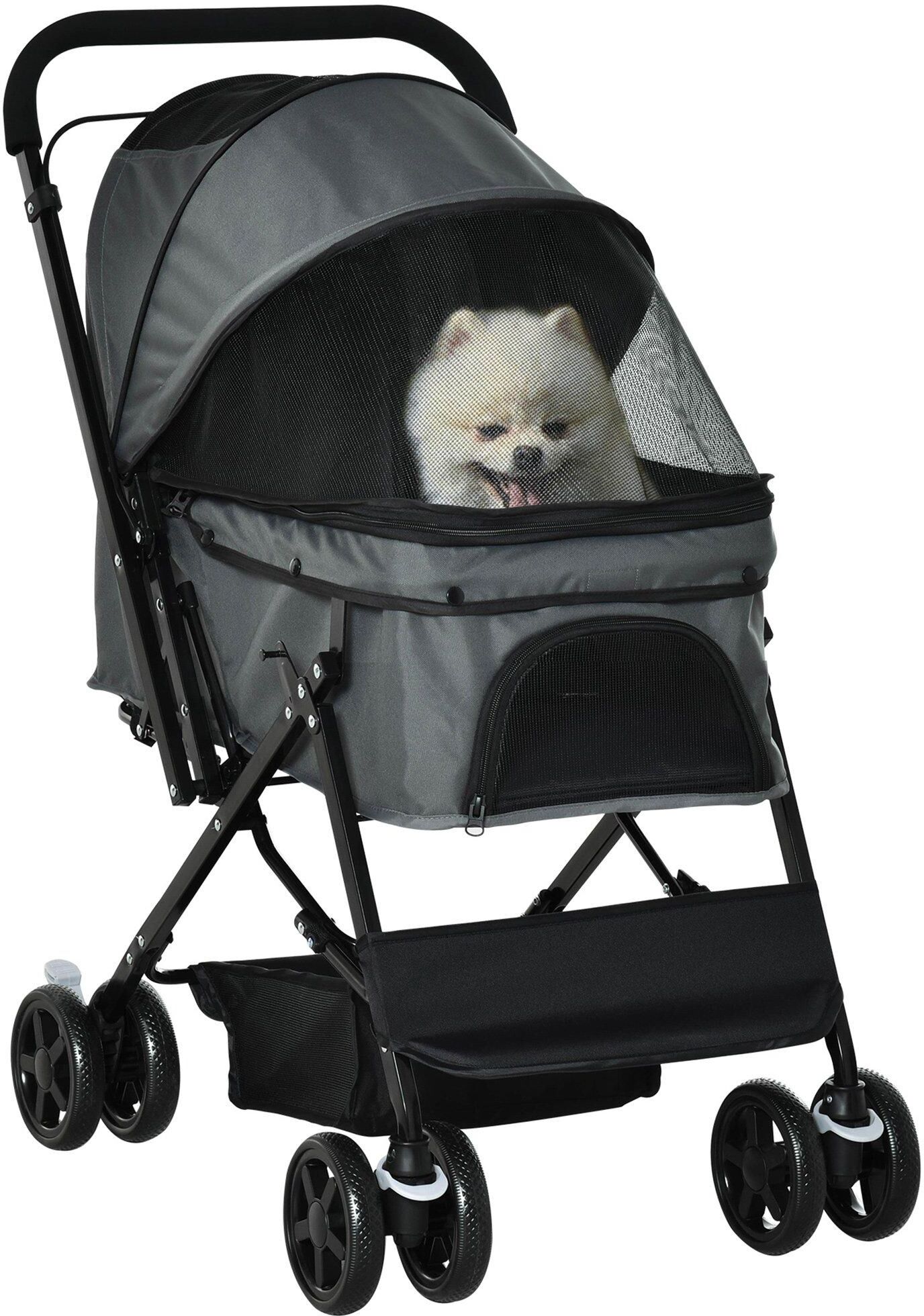 PawHut Pet Stroller Dog Cat Travel Pushchair Foldable Jogger with Reversible Handle EVA Wheel Brake Basket Adjustable Canopy Safety Leash for Small Dogs