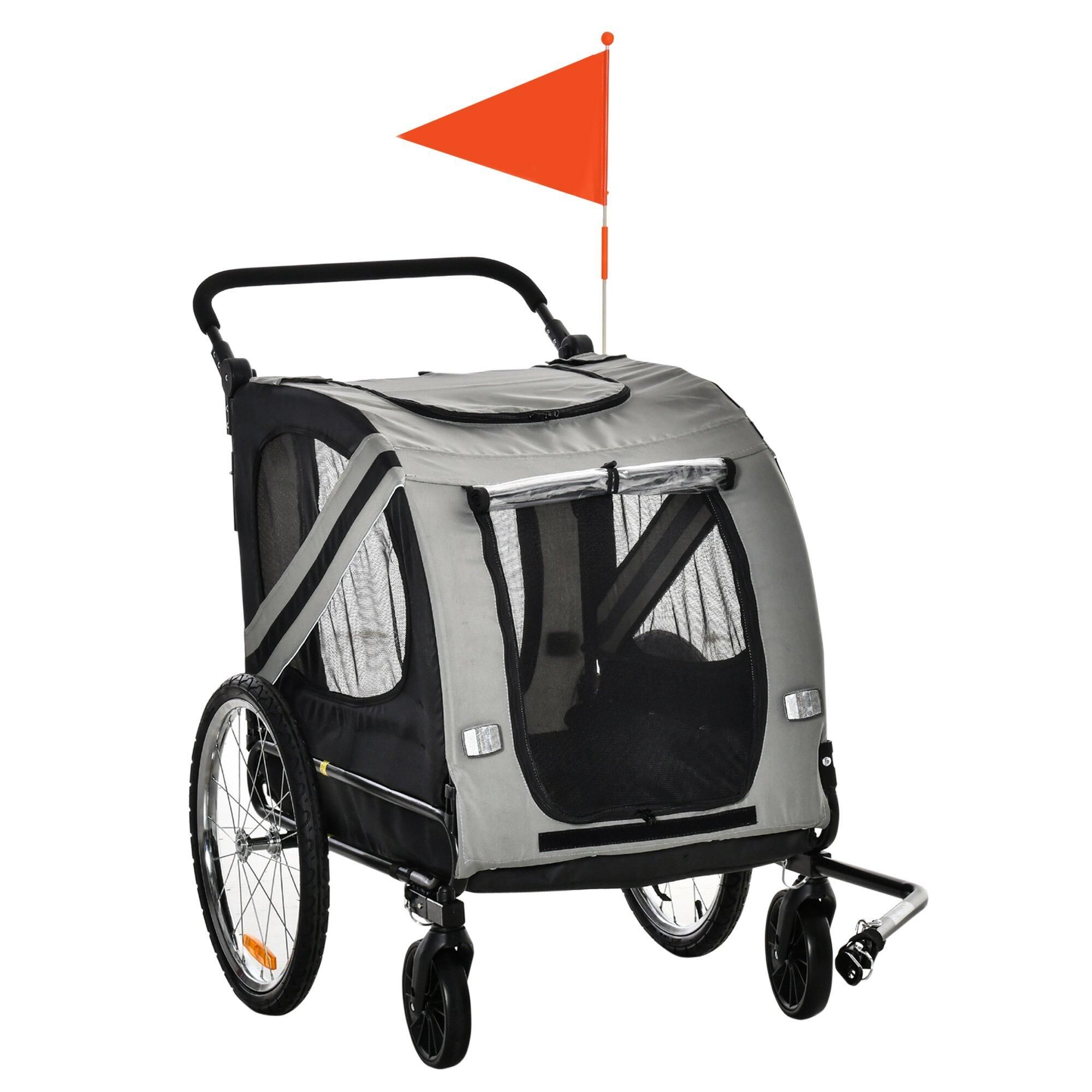 PawHut Dog Bike Trailer 2-in-1 Pet Stroller Cart Bicycle Carrier Attachment for Travel in steel frame with Wheels Hitch Coupler Reflectors Flag